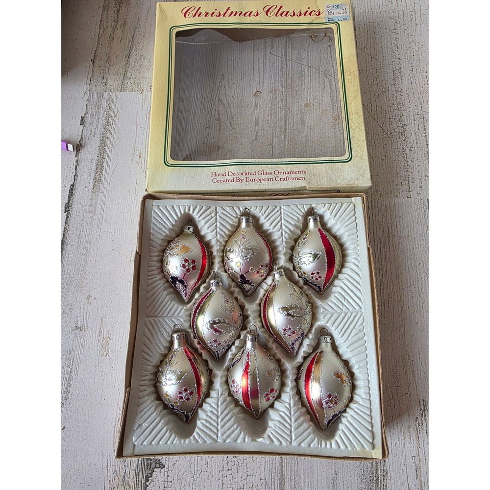 Vintage commodore teardrop glitter flower glass ornament set Xmas tree